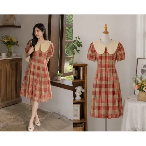 (NEW) Đầm vintage hoạ tiết caro cổ điển