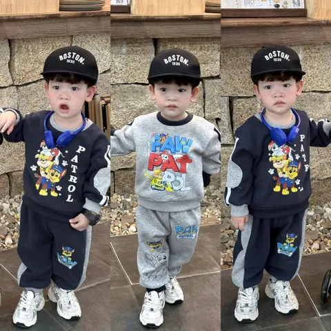 Quần áo thu đông bé trai, set bộ nỉ 2 da hoạ tiết chú chó cứu hộ cho bé từ 7-26kg