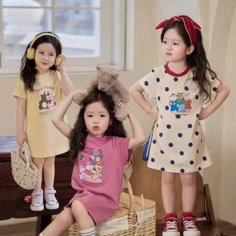 Váy cho bé gái, váy cotton dáng suông hoạ tiết gấu siêu xinh mềm mát cho bé 9-26kg