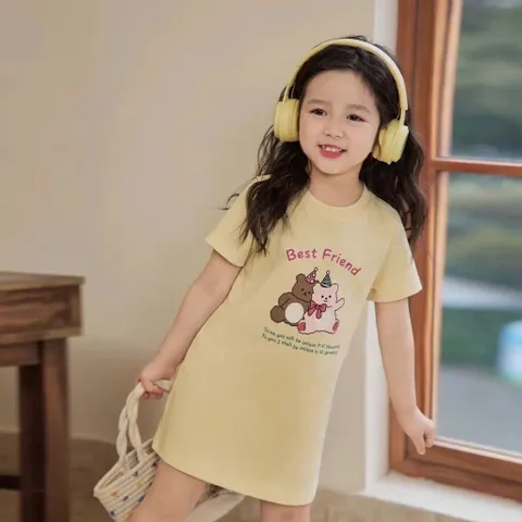 Váy cho bé gái, váy cotton dáng suông hoạ tiết gấu siêu xinh mềm mát cho bé 9-26kg
