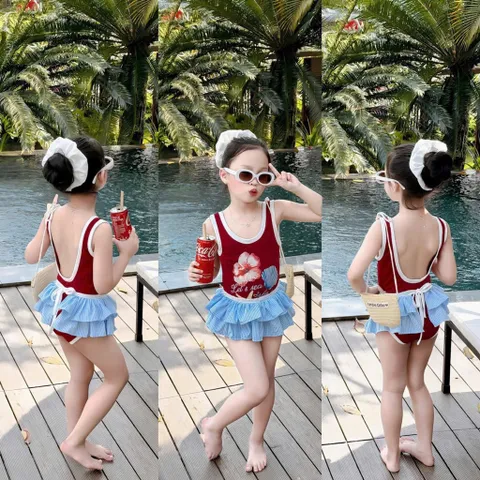 Set bikini bé gái, set 3ct: đồ bơi liền thân, váy quây voan tầng và dây buộc tóc cho bé 10-30kg