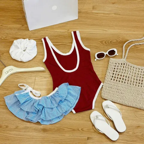 Set bikini bé gái, set 3ct: đồ bơi liền thân, váy quây voan tầng và dây buộc tóc cho bé 10-30kg