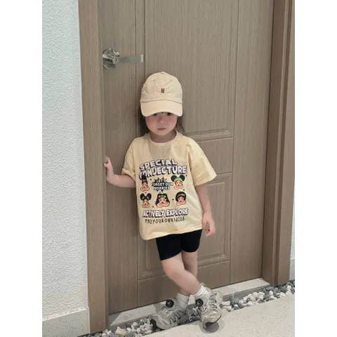 Quần áo bé gái, set áo cotton dáng rộng hoạ tiết SPECIAL kèm quần legging đùi cho bé 9-26kg