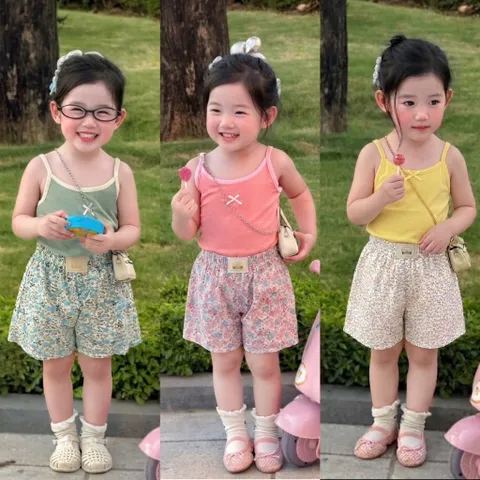 Quần áo bé gái, set áo 2 dây kèm quần đùi hoa nhí rực rỡ cho bé 9-26kg
