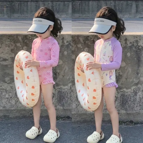 Bikini cho bé gái, set đồ bơi liền thân dài tay2 màu tím hồng chất su dày dặn cho bé 9-26kg