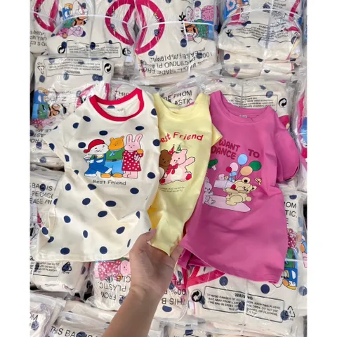 Váy cho bé gái, váy cotton dáng suông hoạ tiết gấu siêu xinh mềm mát cho bé 9-26kg