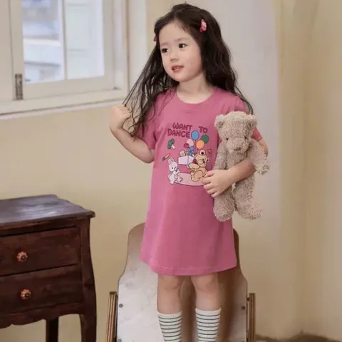 Váy cho bé gái, váy cotton dáng suông hoạ tiết gấu siêu xinh mềm mát cho bé 9-26kg