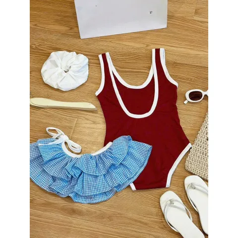 Set bikini bé gái, set 3ct: đồ bơi liền thân, váy quây voan tầng và dây buộc tóc cho bé 10-30kg