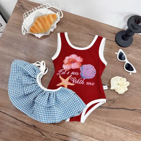 Set bikini bé gái, set 3ct: đồ bơi liền thân, váy quây voan tầng và dây buộc tóc cho bé 10-30kg