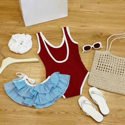 Set bikini bé gái, set 3ct: đồ bơi liền thân, váy quây voan tầng và dây buộc tóc cho bé 10-30kg