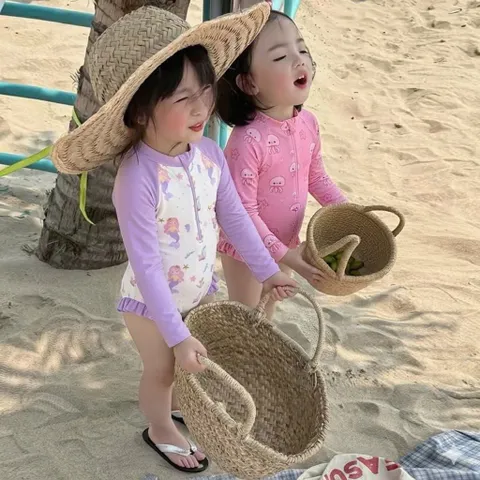 Bikini cho bé gái, set đồ bơi liền thân dài tay2 màu tím hồng chất su dày dặn cho bé 9-26kg