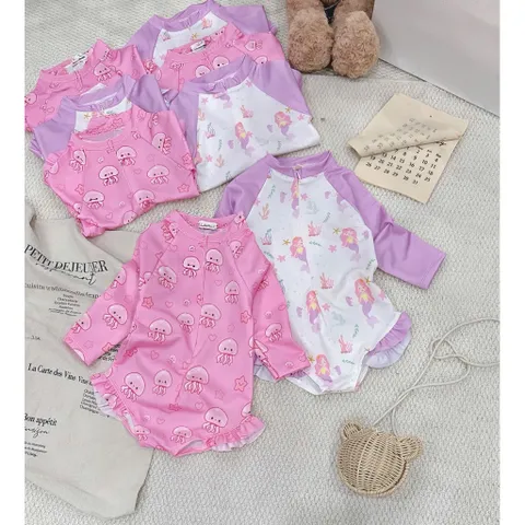 Bikini cho bé gái, set đồ bơi liền thân dài tay2 màu tím hồng chất su dày dặn cho bé 9-26kg