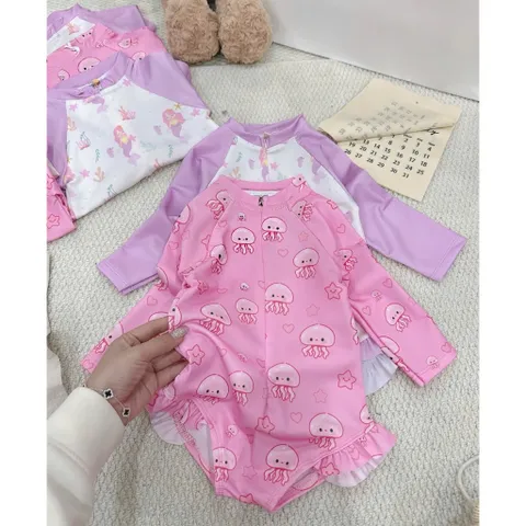 Bikini cho bé gái, set đồ bơi liền thân dài tay2 màu tím hồng chất su dày dặn cho bé 9-26kg