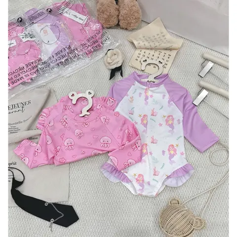 Bikini cho bé gái, set đồ bơi liền thân dài tay2 màu tím hồng chất su dày dặn cho bé 9-26kg