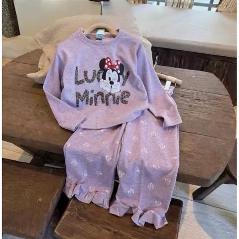 Quần áo thu đông bé gái, set bộ dài tay chất len thỏ hoạ tiết Minnie cho bé gái từ 9-30kg