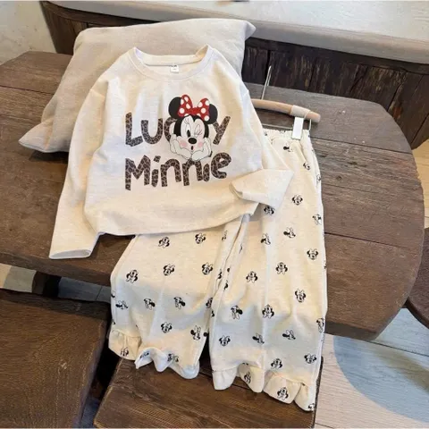 Quần áo thu đông bé gái, set bộ dài tay chất len thỏ hoạ tiết Minnie cho bé gái từ 9-30kg