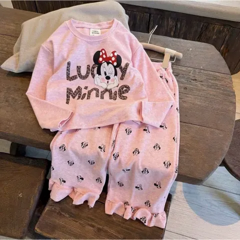 Quần áo thu đông bé gái, set bộ dài tay chất len thỏ hoạ tiết Minnie cho bé gái từ 9-30kg