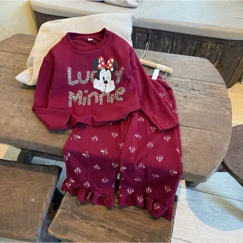 Quần áo thu đông bé gái, set bộ dài tay chất len thỏ hoạ tiết Minnie cho bé gái từ 9-30kg