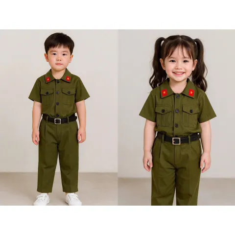 Đồng phục cho bé, set 3ct quân đội: áo, quần và dây lưng cho bé trai và bé gái size 10-30kg