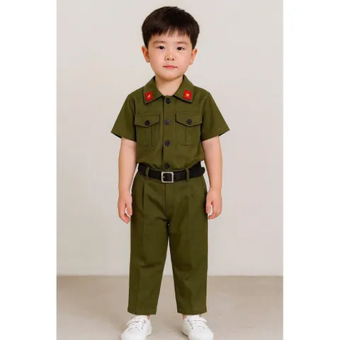 Đồng phục cho bé, set 3ct quân đội: áo, quần và dây lưng cho bé trai và bé gái size 10-30kg