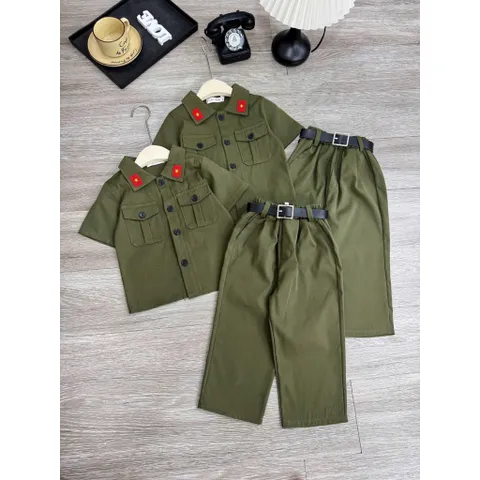Đồng phục cho bé, set 3ct quân đội: áo, quần và dây lưng cho bé trai và bé gái size 10-30kg
