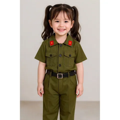Đồng phục cho bé, set 3ct quân đội: áo, quần và dây lưng cho bé trai và bé gái size 10-30kg