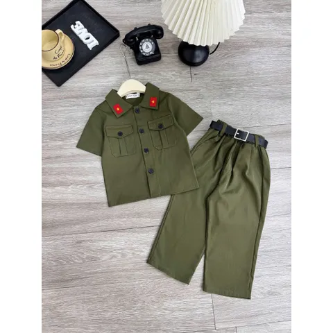 Đồng phục cho bé, set 3ct quân đội: áo, quần và dây lưng cho bé trai và bé gái size 10-30kg