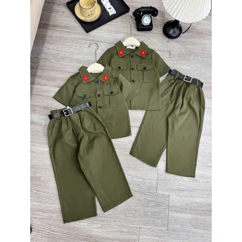Đồng phục cho bé, set 3ct quân đội: áo, quần và dây lưng cho bé trai và bé gái size 10-30kg