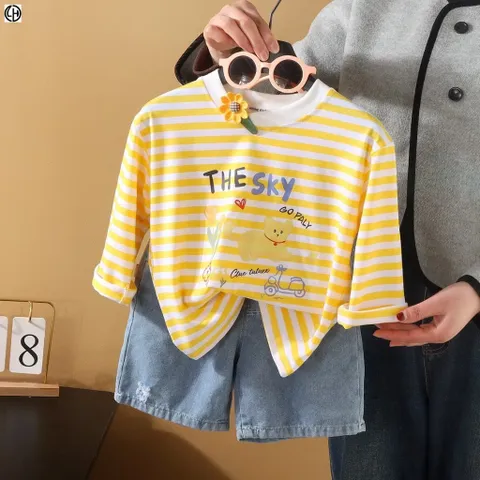 Áo thu dài tay cotton mềm mại kẻ ngang cá tính cho bé gái 9-26kg