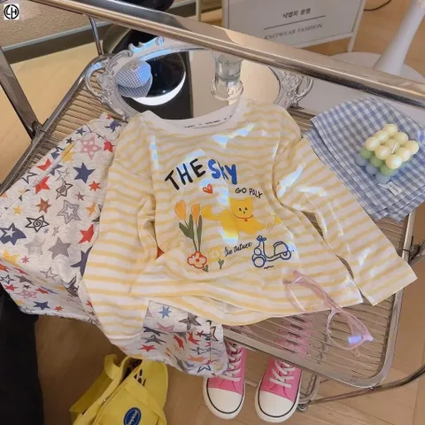 Áo thu dài tay cotton mềm mại kẻ ngang cá tính cho bé gái 9-26kg