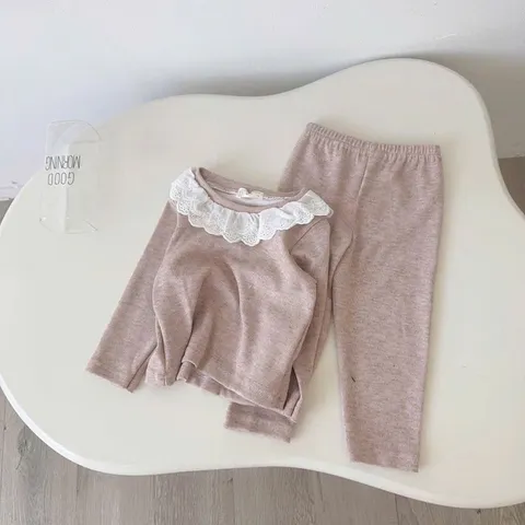 Quần áo thu đông bé gái, set bộ áo len thỏ cổ ren tai thỏ kèm quần cho bé gái 8-22kg