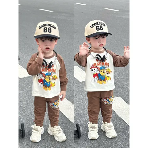 Quần áo thu đông bé trai, set bộ cotton dài tay hoạ tiết Paw Patrol cho bé 8-26kg