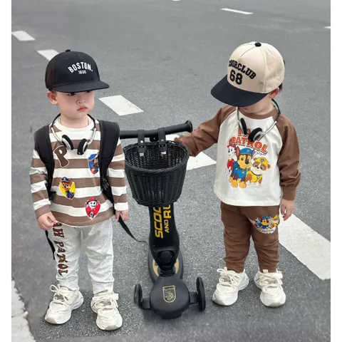 Quần áo thu đông bé trai, set bộ cotton dài tay hoạ tiết Paw Patrol cho bé 8-26kg
