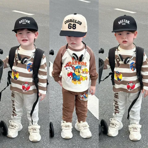 Quần áo thu đông bé trai, set bộ cotton dài tay hoạ tiết Paw Patrol cho bé 8-26kg