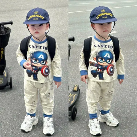 Quần áo thu đông bé trai, set bộ cotton dài tay hoạ tiết American và Iron Man cho bé 8-26kg