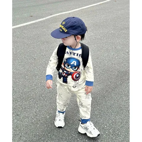 Quần áo thu đông bé trai, set bộ cotton dài tay hoạ tiết American và Iron Man cho bé 8-26kg