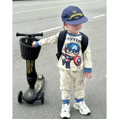 Quần áo thu đông bé trai, set bộ cotton dài tay hoạ tiết American và Iron Man cho bé 8-26kg