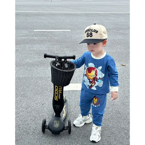 Quần áo thu đông bé trai, set bộ cotton dài tay hoạ tiết American và Iron Man cho bé 8-26kg