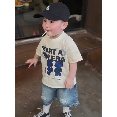 Quần áo bé trai, set áo cotton hoạ tiết chữ  “START A NEW ERA” kèm quần short Jean lửng cho bé 8-24kg