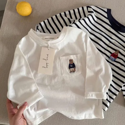 Áo thun bé trai, áo cotton dài tay túi ngực thêu gấu cho bé 8-24kg