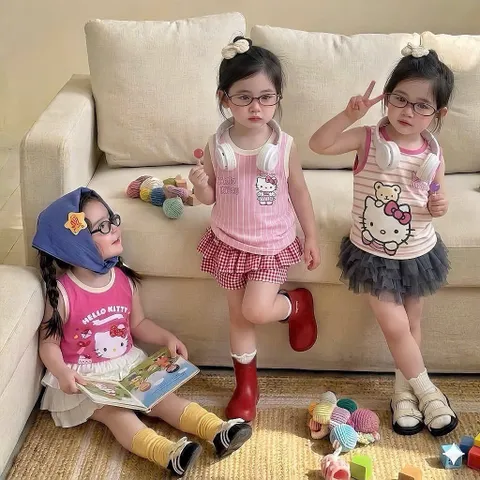 Áo ba lỗ bé gái, áo sát nách Hello Kitty chất cotton cho bé 9-26kg