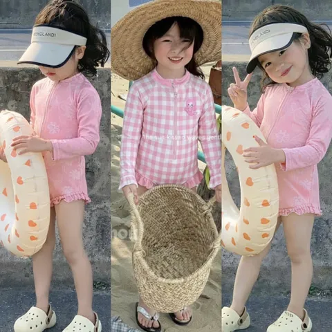 Bikini cho bé gái, set đồ bơi liền thân dài tay chất su dày dặn cho bé 9-26kg