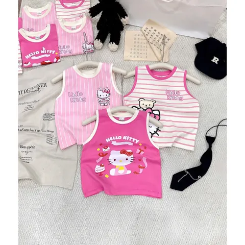 Áo ba lỗ bé gái, áo sát nách Hello Kitty chất cotton cho bé 9-26kg