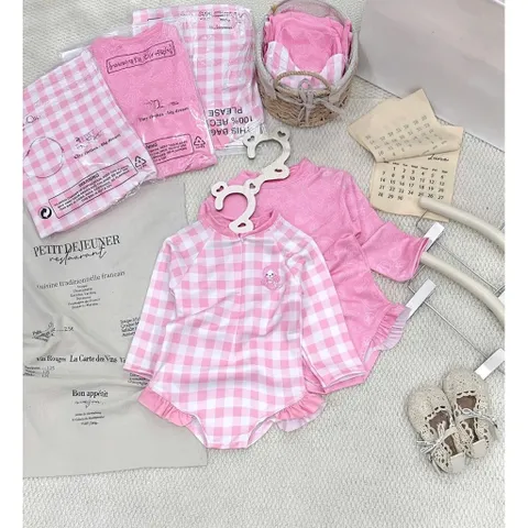 Bikini cho bé gái, set đồ bơi liền thân dài tay chất su dày dặn cho bé 9-26kg
