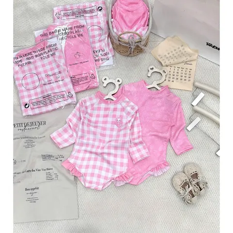 Bikini cho bé gái, set đồ bơi liền thân dài tay chất su dày dặn cho bé 9-26kg