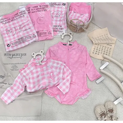 Bikini cho bé gái, set đồ bơi liền thân dài tay chất su dày dặn cho bé 9-26kg