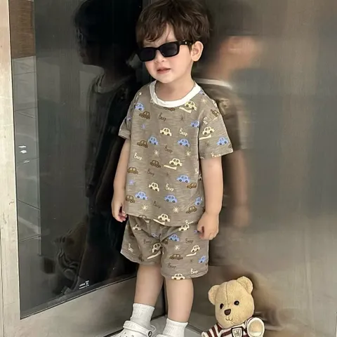 Quần áo bé trai, set bộ cộc tay chất cotton xước hoạ tiết ô tô cho bé size 9-26kg