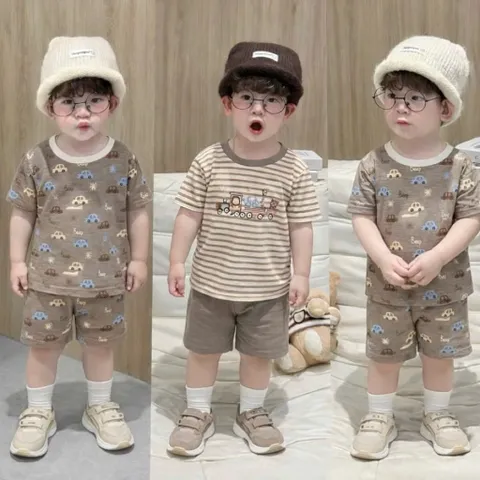 Quần áo bé trai, set bộ cộc tay chất cotton xước hoạ tiết ô tô cho bé size 9-26kg
