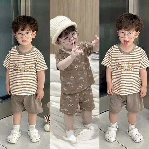Quần áo bé trai, set bộ cộc tay chất cotton xước hoạ tiết ô tô cho bé size 9-26kg
