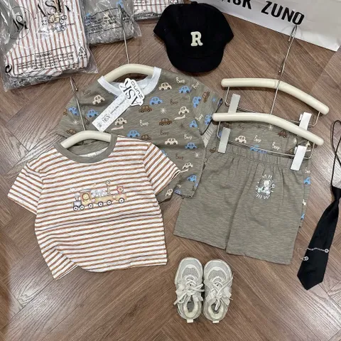Quần áo bé trai, set bộ cộc tay chất cotton xước hoạ tiết ô tô cho bé size 9-26kg